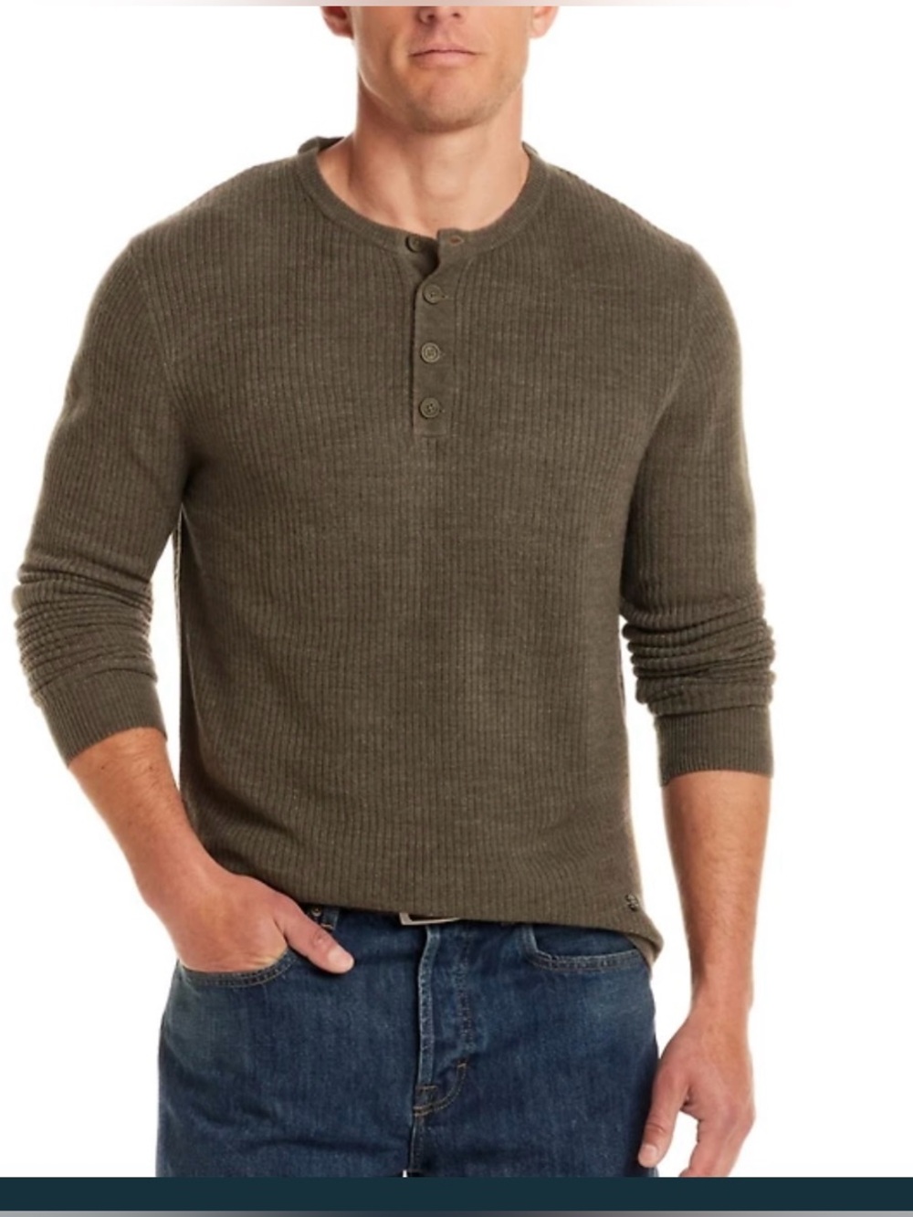 Weatherproof Men's Olive Ribbed Henley Crewneck Sweater